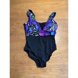 Longitude Women's Floral Print One Piece Bathing Swimsuit Black Purple Small